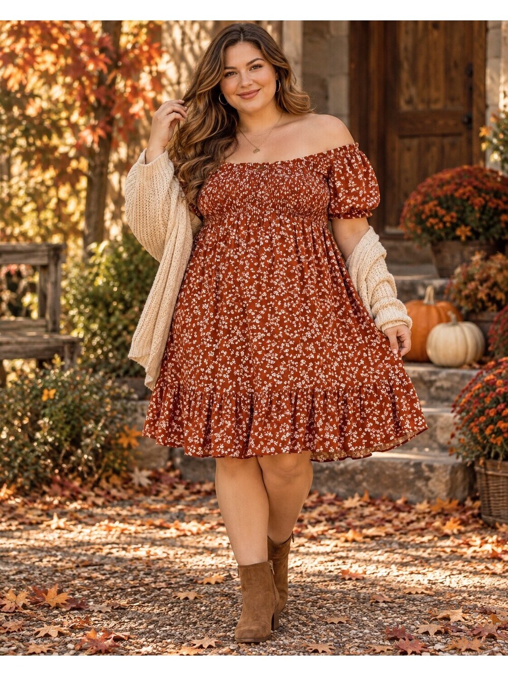 NWT Just Found Smocked Puff Sleeve Midi Dress Womens XL Rust Floral Cottagecore